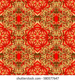 Geometric background with rhombus and nodes. Seamless geometric pattern. Abstract geometric pattern. Golden background. Vector seamless pattern on a red background. Vector golden texture.