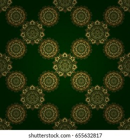 Geometric background with rhombus and nodes. Seamless geometric pattern. Vector golden texture. Golden background. Abstract geometric pattern. Vector seamless pattern on a green background.