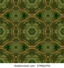 Geometric background with rhombus and nodes. Vector golden texture. Golden background. Vector seamless pattern on a green background. Seamless geometric pattern. Abstract geometric pattern.