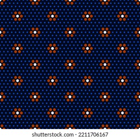 Geometric background seamless circle flower pattern abstract minimalist fabric print classy colorful ornament graphic style. Casual repeating ornate floral textile design, orange, white, blue colors.