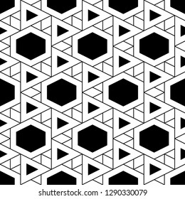 Geometric background. Seamless ornament. Polygons motif. Triangular, quadrangular, hexagonal shapes wallpaper.Triangles, rhombuses, hexagons pattern. Geometrical backdrop.Digital paper, abstract.