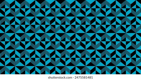 geometric background, seamless pattern, blue and black colors. zig zag, trapezoid, triangle, rectangle, diamond, modern, mosaic. Vector