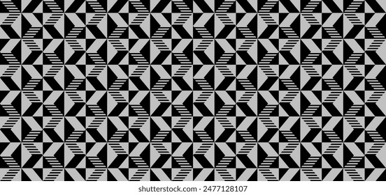 Geometric background, seamless pattern, gray and black colors. zig zag, trapezoid, triangle, rectangle, diamond, modern, mosaic. Vector