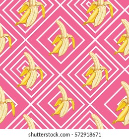 Geometric background seamless pattern with yellow 3D fruits banana. Trendy creative wallpaper. Vector illustration. Perfect for printing on fabric or paperc. Cloth design, wallpaper, wrapping. Eps10