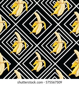 Geometric background seamless pattern with yellow 3D fruits banana. Trendy creative wallpaper. Vector illustration. Perfect for printing on fabric or paper. Cloth design, wallpaper, wrapping. Eps10