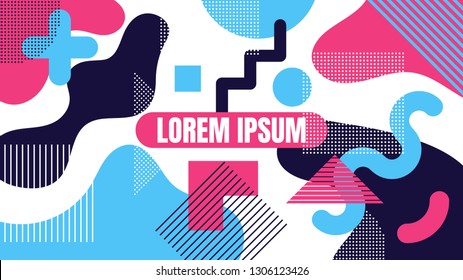 Geometric background with geometric shapes and curves, pattern with trendy Memphis fashion style 80s-90s template in colorful vibrant colors isolated on white background