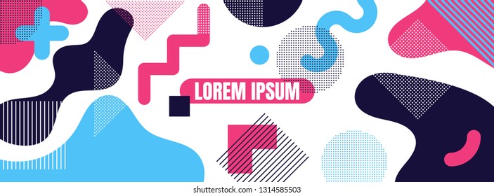 Geometric background with shapes and curves, pattern with trendy Memphis fashion style 80s-90s template in colorful vibrant colors isolated on white background.