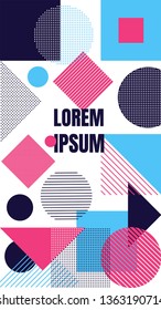 Geometric background with geometric shapes and curves, pattern with trendy Memphis fashion style 80s-90s template in colorful vibrant colors isolated on white background