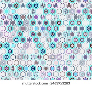 Geometric background. Geometric shapes of varied style and color. Hexagon cells. Tileable pattern. Seamless background. Captivating vector illustration.