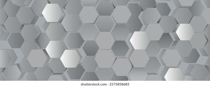 Geometric background with a silver color scheme. Hexagonal pattern creates a 3D texture. Silver background enhances modern style. 3D hexagon pattern background. Gray background vector.