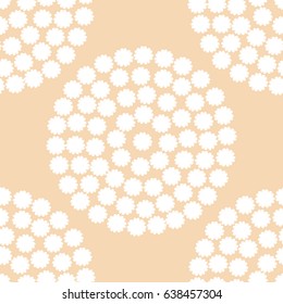 Geometric background with small flowers arranged in a circle. Beautiful simple design for printing on fabric, textiles. Seamless vector illustration. Ecru, beige color