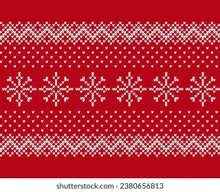 Geometric background with snowflakes. Traditional Christmas pattern. Xmas winter knit seamless print. Red knitted sweater texture. Holiday wool pullover ornament. Festive crochet. Vector illustration