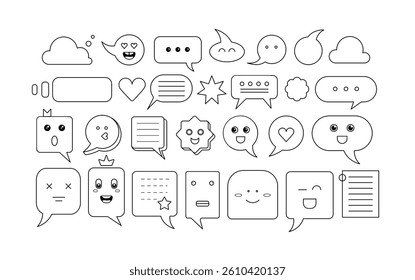 Geometric background with speech bubbles with smiling faces. Abstract set with different shapes text boxes, cute characters of dialog clouds with heart and crown, vector flat illustration