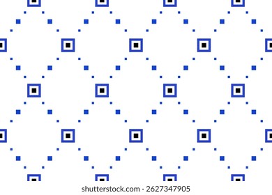 Geometric background of square line in diamond shape. Abstract pattern tribal of blue, white and black. Concept of pixels art, ethnic, tradition, classic, modern for wrapping, textile, fabric print.