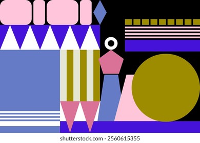 Geometric background with square, rectangle, circle, stripe and diamond shape. Colorful geometric background. Abstract, design, modern, flat, contemporary, pink, blue concepts for wallpaper and print.