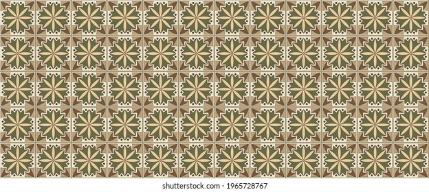 Geometric background square tile with floral ethnic pattern in beige green colors