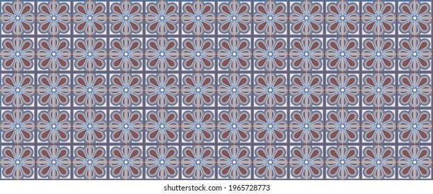 Geometric background square tile with floral ethnic pattern in beige and blue colors