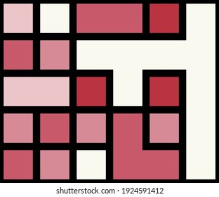 Geometric background with squares of different shades of pink and black lines. Vector