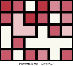 Geometric background with squares of different shades of pink and black lines. Vector