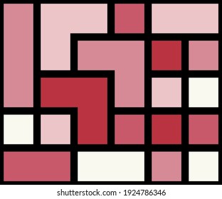 Geometric background with squares of different shades of pink and black lines. Vector