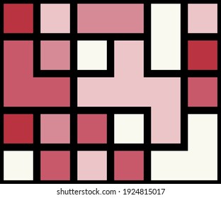 Geometric background with squares of different shades of pink and black lines. Vector