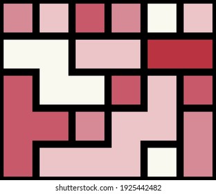 Geometric background with squares of different shades of pink and black lines. Vector