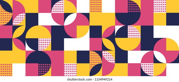 Geometric background with squares,triangles, rounds and crosses a 3D effect. Colorful modern abstract pattern for websites