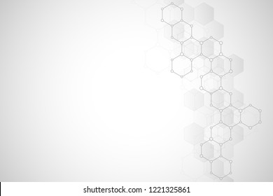 Geometric background texture with molecular structures and chemical compounds. Abstract background of hexagons pattern. Vector illustration for medical or scientific and technological modern design