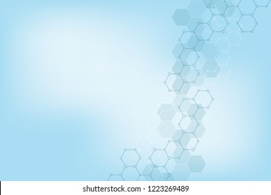 Geometric background texture with molecular structures and chemical compounds. Abstract background of hexagons pattern. Vector illustration for medical or scientific and technological modern design