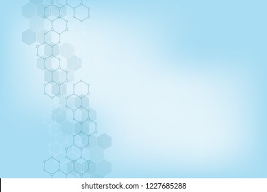 Geometric background texture with molecular structures and chemical compounds. Abstract background of hexagons pattern. Vector illustration for medical or scientific and technological modern design