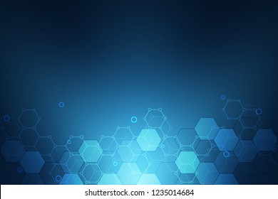 Geometric background texture with molecular structures and chemical engineering. Abstract background of hexagons pattern. Vector illustration for medical or scientific and technological modern design