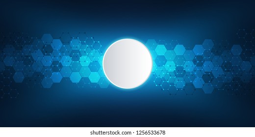 Geometric background texture with molecular structures and chemical engineering. Abstract background of hexagons pattern. Vector illustration for medical or scientific and technological modern design