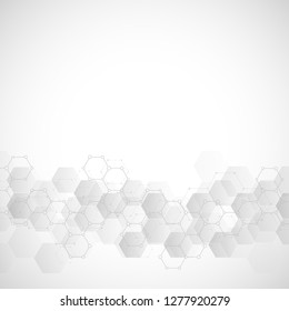 Geometric background texture with molecular structures and chemical engineering. Abstract background of hexagons pattern. Vector illustration for medical or scientific and technological modern design