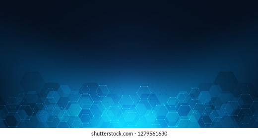 Geometric background texture with molecular structures and chemical engineering. Abstract background of hexagons pattern. Vector illustration for medical or scientific and technological modern design