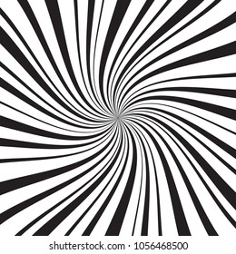 Geometric background with thin and thick radial rays, lines or stripes swirling around center. Backdrop with rotating illusion or hypnosis effect. Modern vector illustration in monochrome colors.