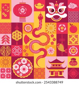 Fundo geométrico com símbolos tradicionais do Ano Novo Chinês. Padrão chinês com ícones de dragão, cobra, lanterna, peixe, fã, casa, dinheiro, sinais de sorte, ornamento