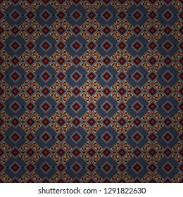 Geometric background with tribal tiles. Seamless pattern ethnic design in gray, brown and blue colors. Vector textile print for bed linen, jacket, package design, fabric and fashion concepts.