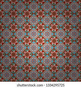 Geometric background with tribal tiles. Seamless pattern ethnic design in white, blue and red colors. Vector textile print for bed linen, jacket, package design, fabric and fashion concepts.