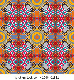 Geometric background with tribal tiles. Vector textile print for bed linen, jacket, package design, fabric and fashion concepts. Seamless pattern ethnic design in blue, brown and orange colors.