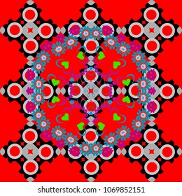 Geometric background with tribal tiles. Vector textile print for bed linen, jacket, package design, fabric and fashion concepts. Seamless pattern ethnic design in black, red and gray colors.