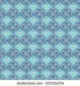 Geometric background with tribal tiles. Vector textile print for bed linen, jacket, package design, fabric and fashion concepts. Seamless pattern ethnic design in blue, gray and neutral colors.