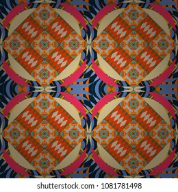 Geometric background with tribal tiles. Vector textile print for bed linen, jacket, package design, fabric and fashion concepts. Seamless pattern ethnic design in blue, beige and orange colors.