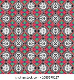 Geometric background with tribal tiles. Vector textile print for bed linen, jacket, package design, fabric and fashion concepts. Seamless pattern ethnic design in pink, white and gray colors.