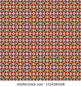 Geometric background with tribal tiles. Vector textile print for bed linen, jacket, package design, fabric and fashion concepts. Seamless pattern ethnic design in red, yellow and gray colors.