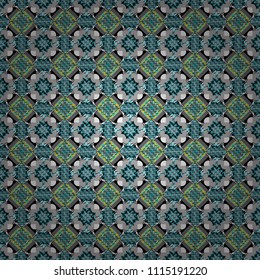 Geometric background with tribal tiles. Vector textile print for bed linen, jacket, package design, fabric and fashion concepts. Seamless pattern ethnic design in green, blue and gray colors.
