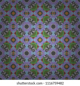 Geometric background with tribal tiles. Vector textile print for bed linen, jacket, package design, fabric and fashion concepts. Seamless pattern ethnic design in blue, violet and gray colors.