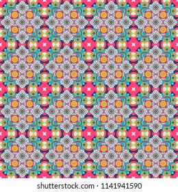 Geometric background with tribal tiles. Vector textile print for bed linen, jacket, package design, fabric and fashion concepts. Seamless pattern ethnic design in pink, blue and gray colors.