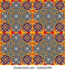 Geometric background with tribal tiles. Vector textile print for bed linen, jacket, package design, fabric and fashion concepts. Seamless pattern ethnic design in gray, yellow and brown colors.