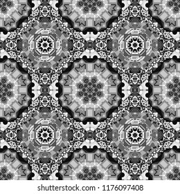 Geometric background with tribal tiles. Vector textile print for bed linen, jacket, package design, fabric and fashion concepts. Seamless pattern ethnic design in white, gray and black colors.