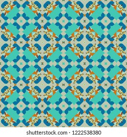 Geometric background with tribal tiles. Vector textile print for bed linen, jacket, package design, fabric and fashion concepts. Seamless pattern ethnic design in brown, orange and blue colors.